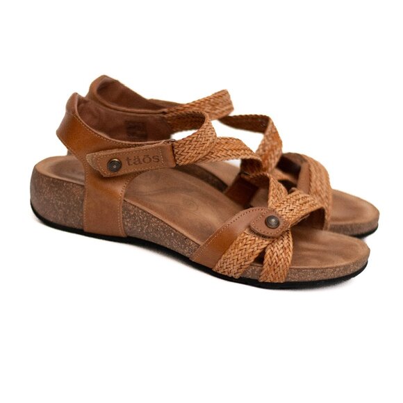 Taos Shoes - Taos Trulie Sandals 9 Camel Brown Leather Strappy Slingback Wedge Cork Footbed